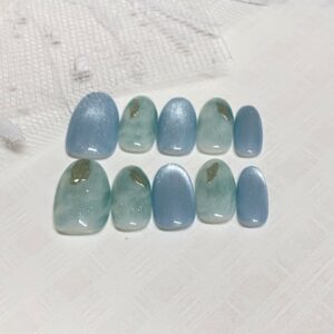 【薄荷波子氣水】  原創手工穿戴甲手繪貓眼新款暈染美甲薄荷波子氣水｜DS006